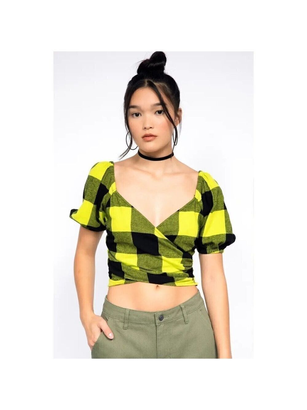 BP + Wildfang Plaid Surplice Top Sz XSmall Womens Bubble Sleeve Smocked Back